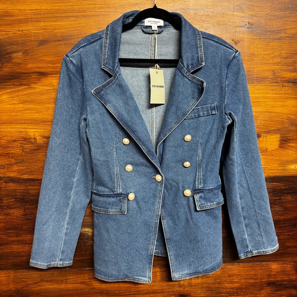 NWT Eesome Blue Double-Breasted Jean Jacket Blazer w/Faux Pearl Buttons